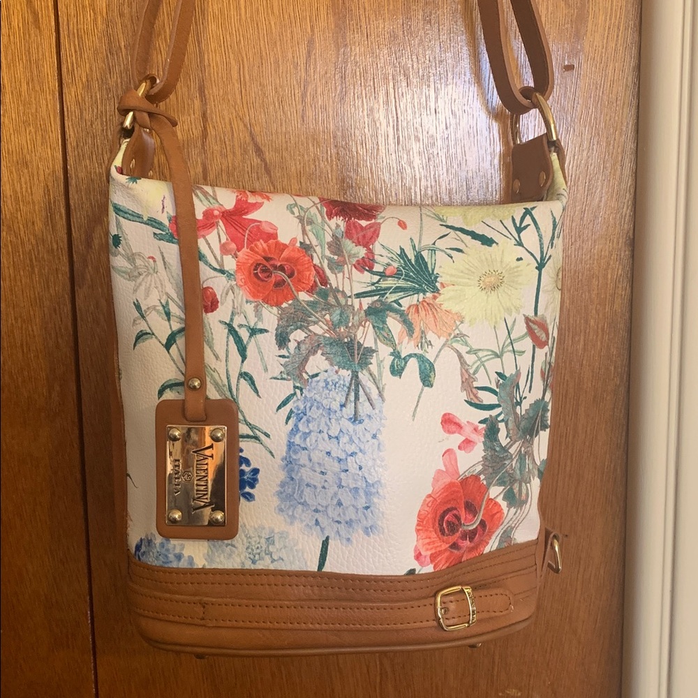 Valentina Made In Italy Leather Floral Print White And Brown Purse Bag